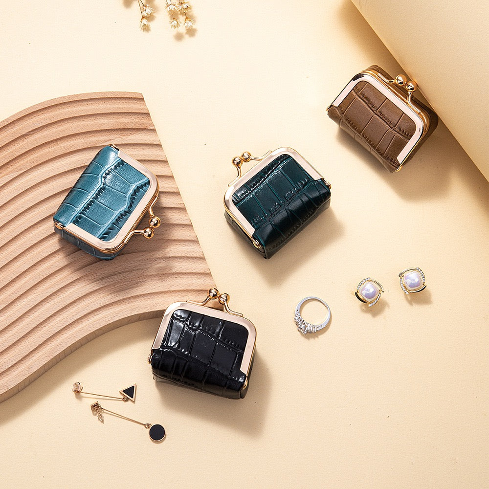 Vintage Kiss-Lock Jewelry & Accessory Case | Genuine Crocodile-Embossed Leather Travel Organizer